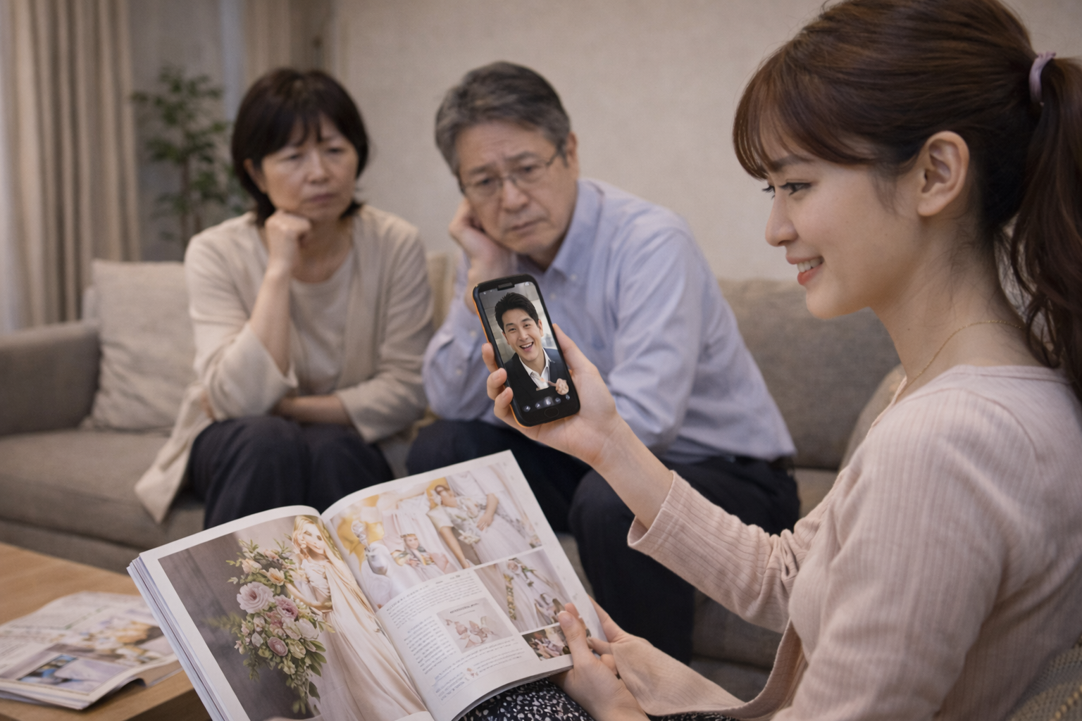 オンラインでしか会っていない相手との結婚に不安を感じる親御さんのイメージ