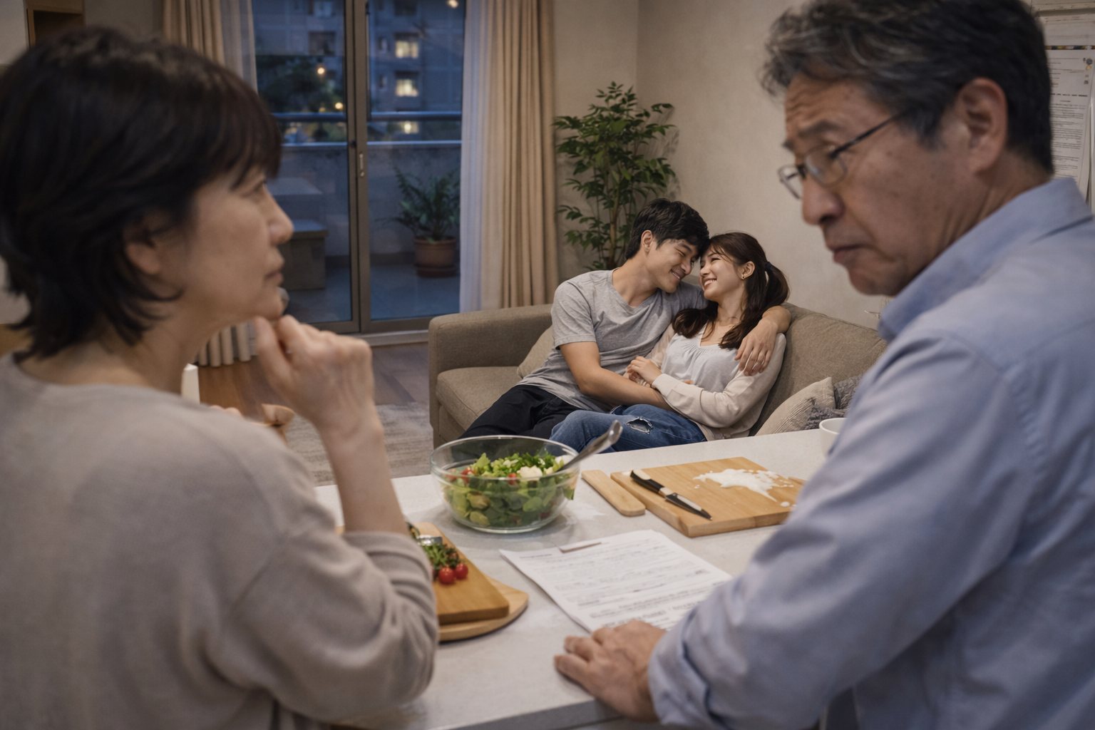 娘がマッチングアプリで知り合った男性との結婚に不安を感じる両親のイメージ