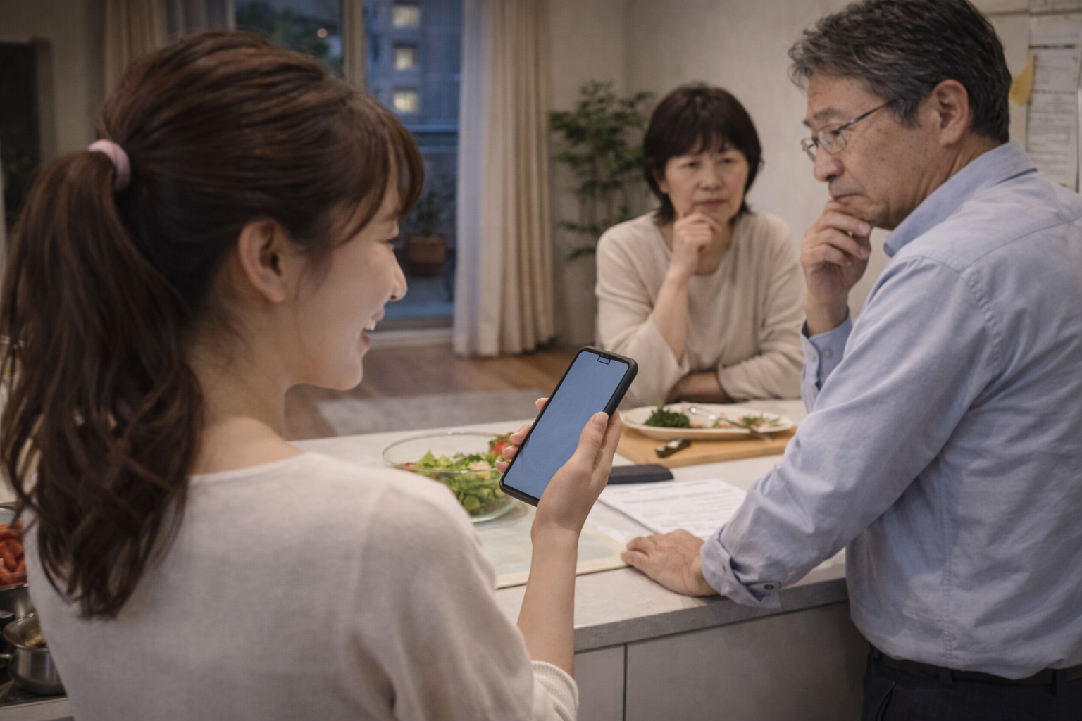 娘がスピード婚をしようとしていることに不安を感じる両親のイメージ