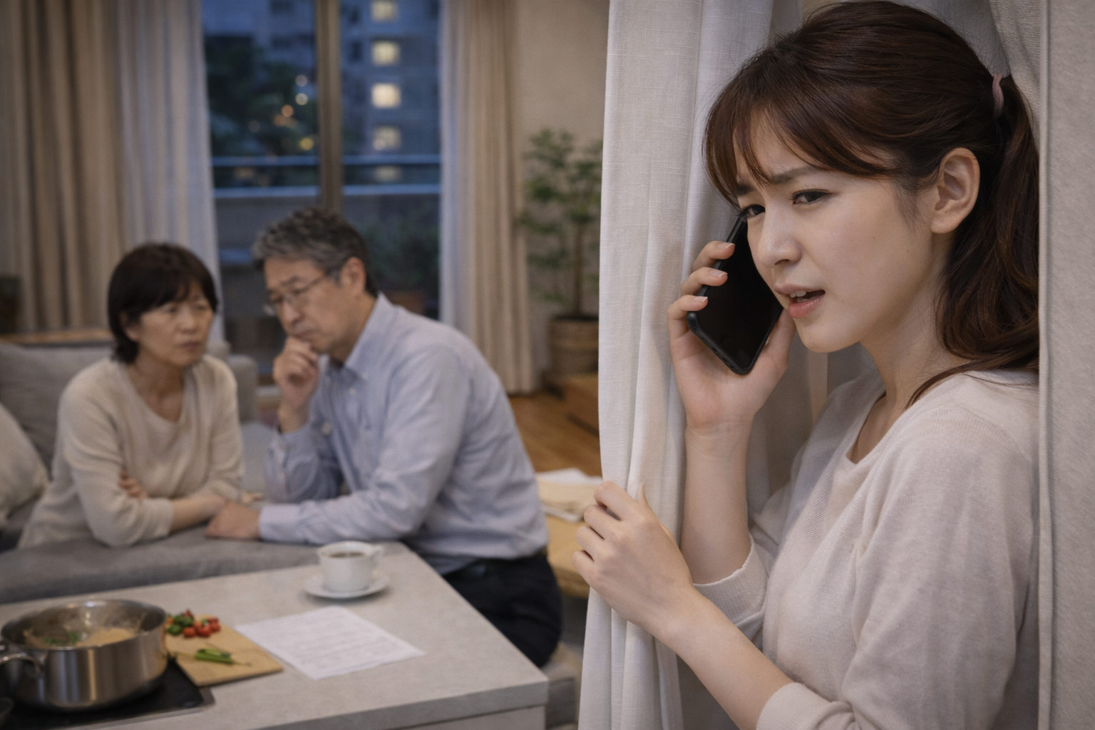 娘が結婚相手の素性を話さないことに不安を感じる両親のイメージ